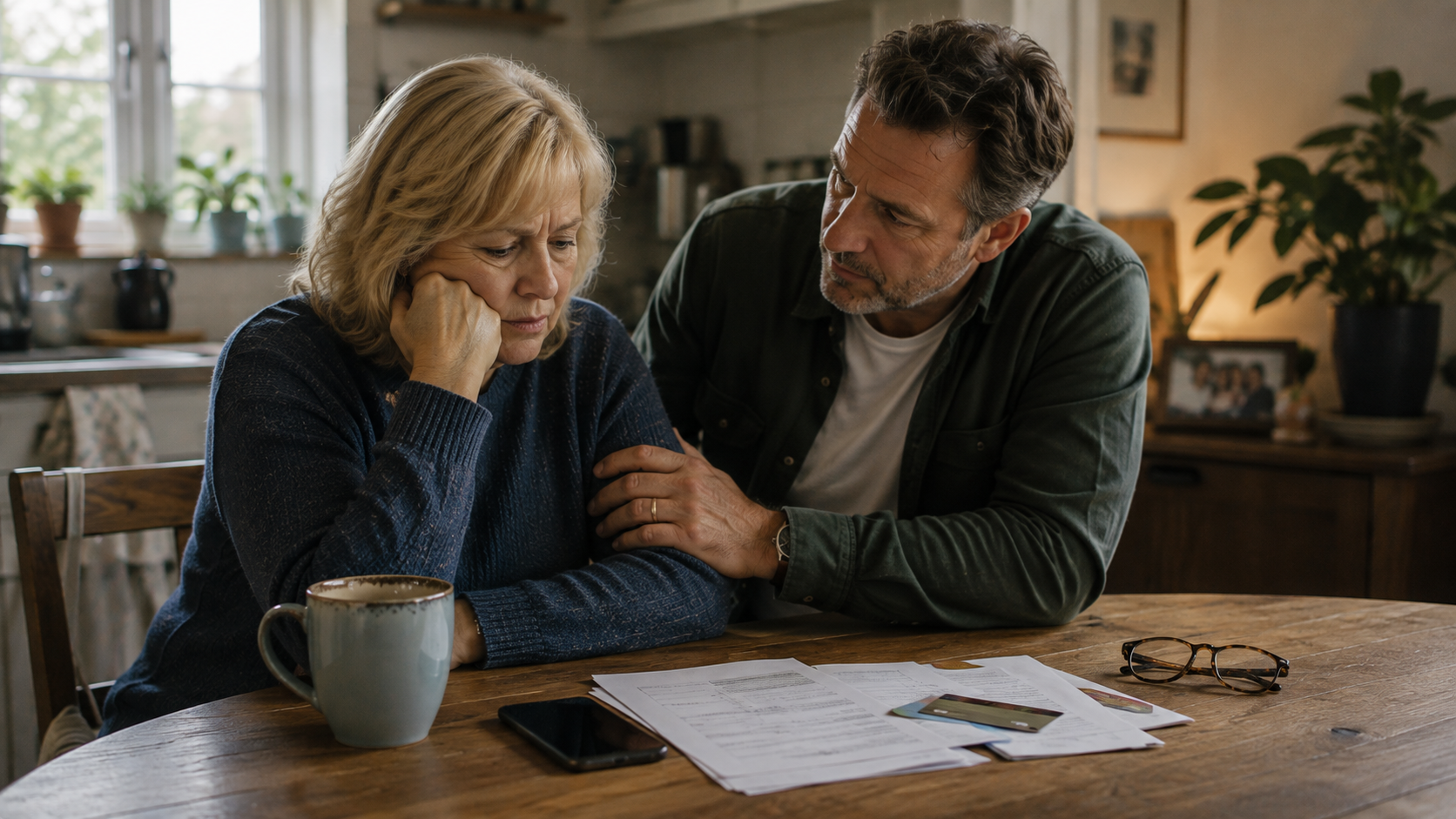 An older woman and her adult son sit at a kitchen table, talking through paperwork after a scam.