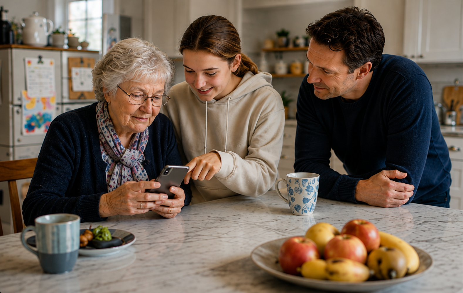 A grandmother, granddaughter and father gather around a kitchen counter while the granddaughter shows her a phone.