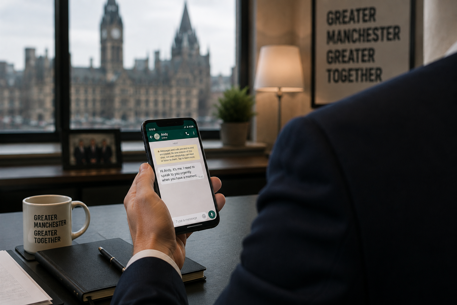 Over the shoulder of a suited figure holding a phone with a WhatsApp chat, with Greater Manchester blurred beyond the window.