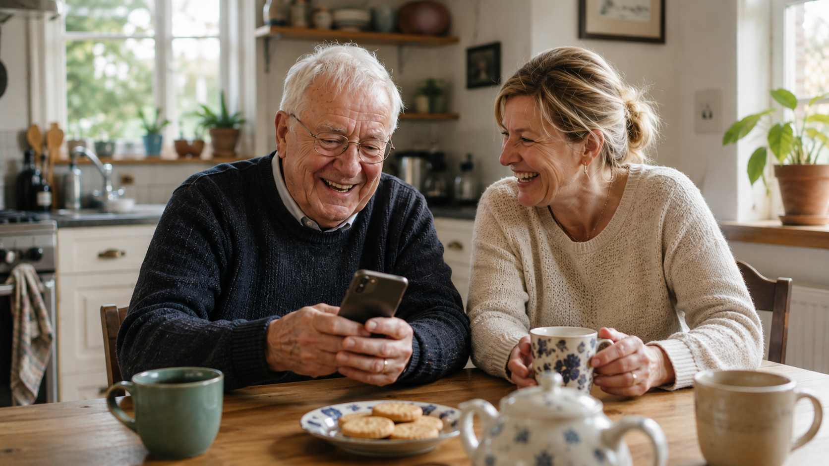 An older father and his adult daughter laugh together over a phone at a kitchen table.