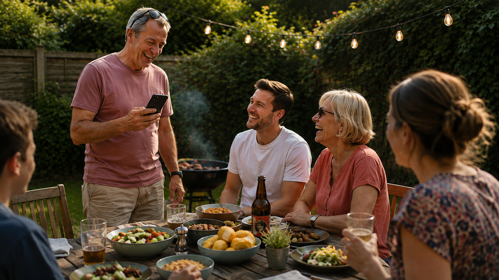 A multigenerational family laugh together at an outdoor meal while one man checks his phone in the garden.