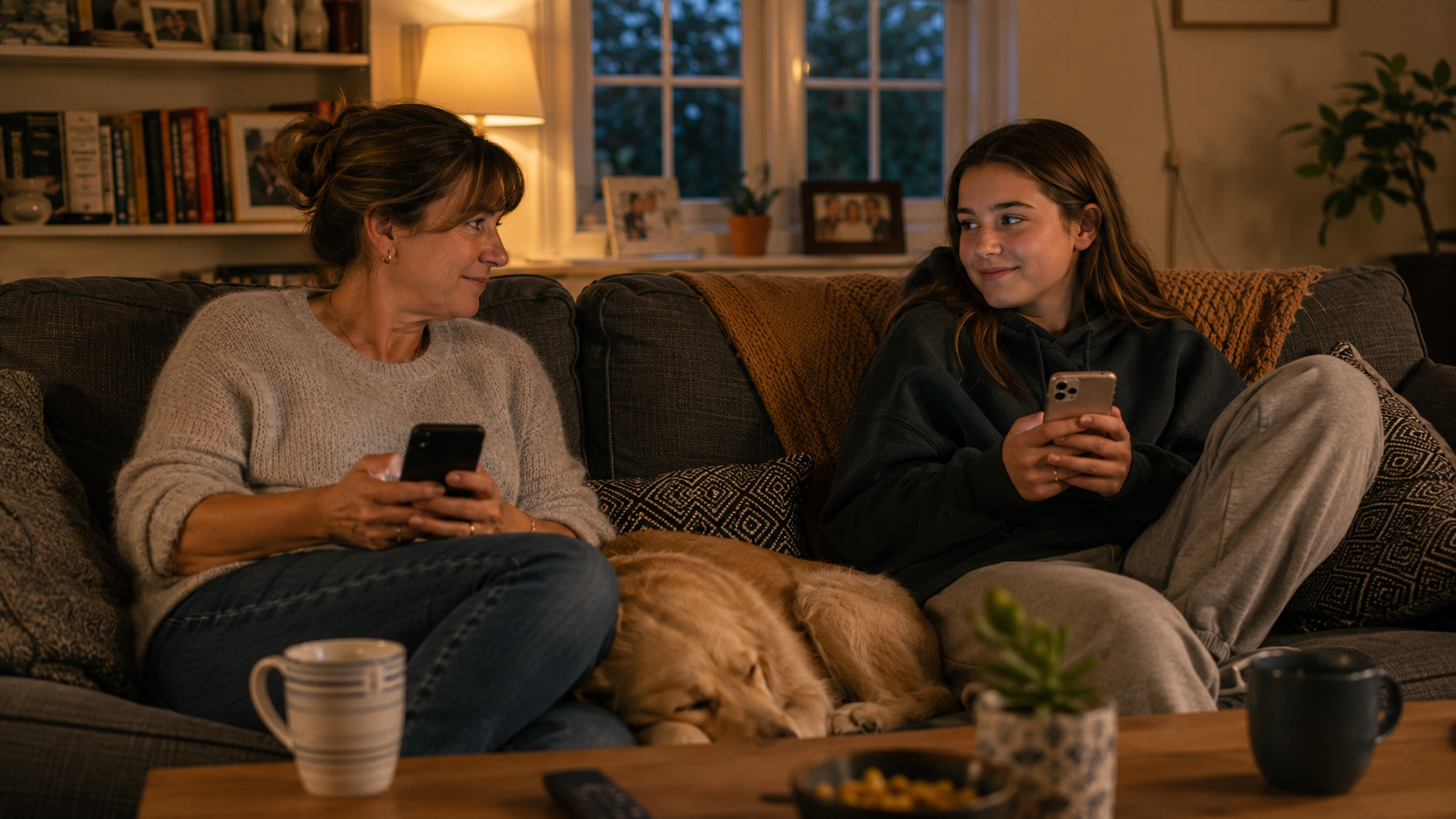 A mother and teenage daughter sit on a sofa with their phones while a dog sleeps between them.