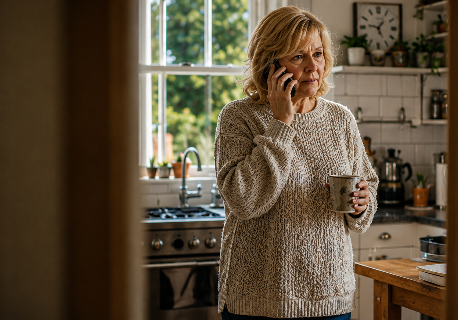 An older woman pauses in her kitchen to answer the phone while holding a mug.