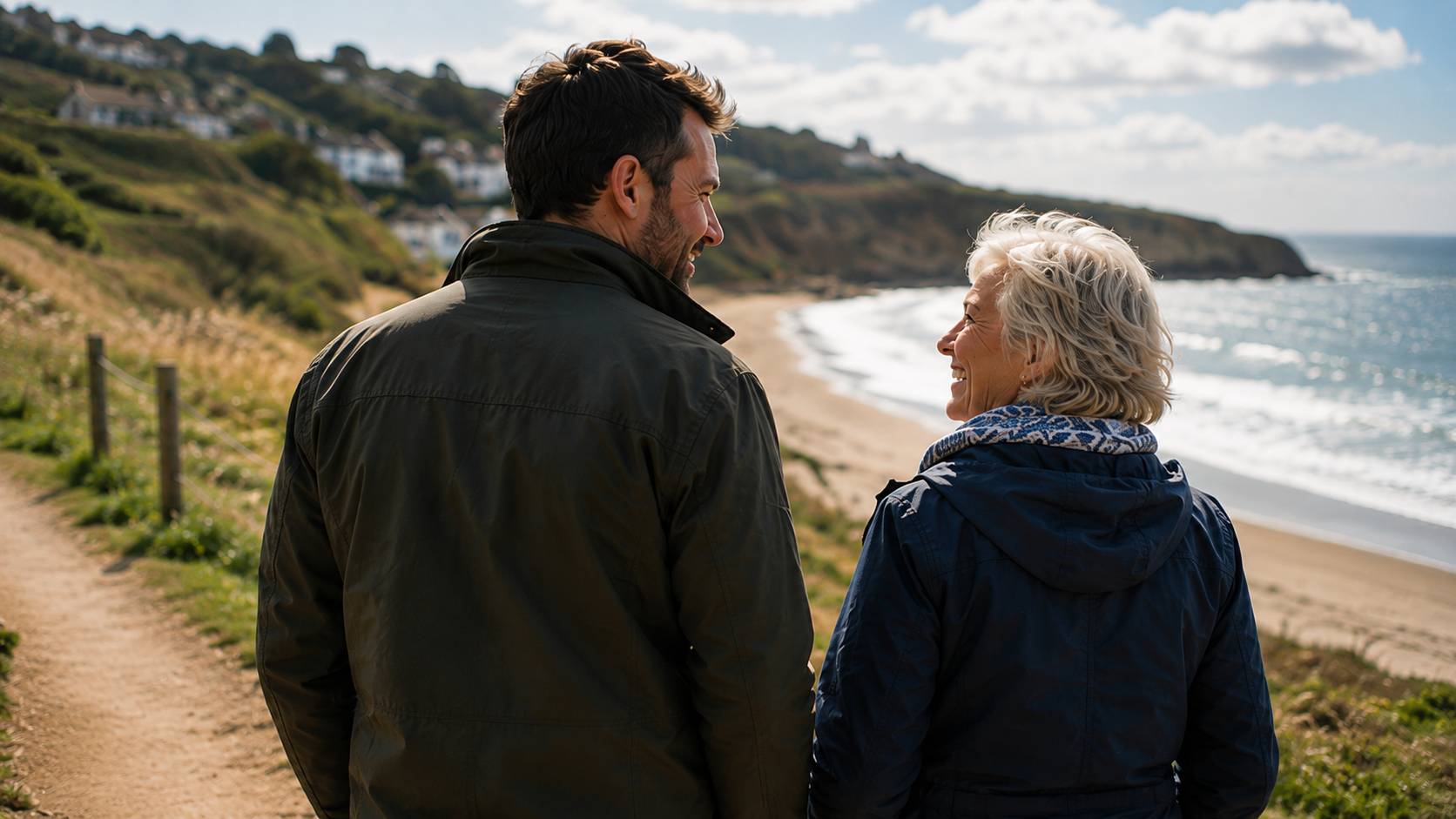 A man walks beside his mother on a coastal path above the beach.